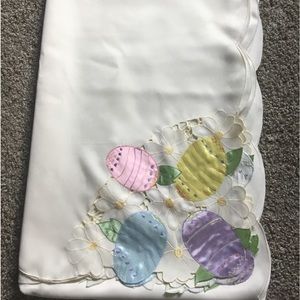 Cream Embroidered Easter Spring Tablecloth with Pink, Blue Purple Eggs